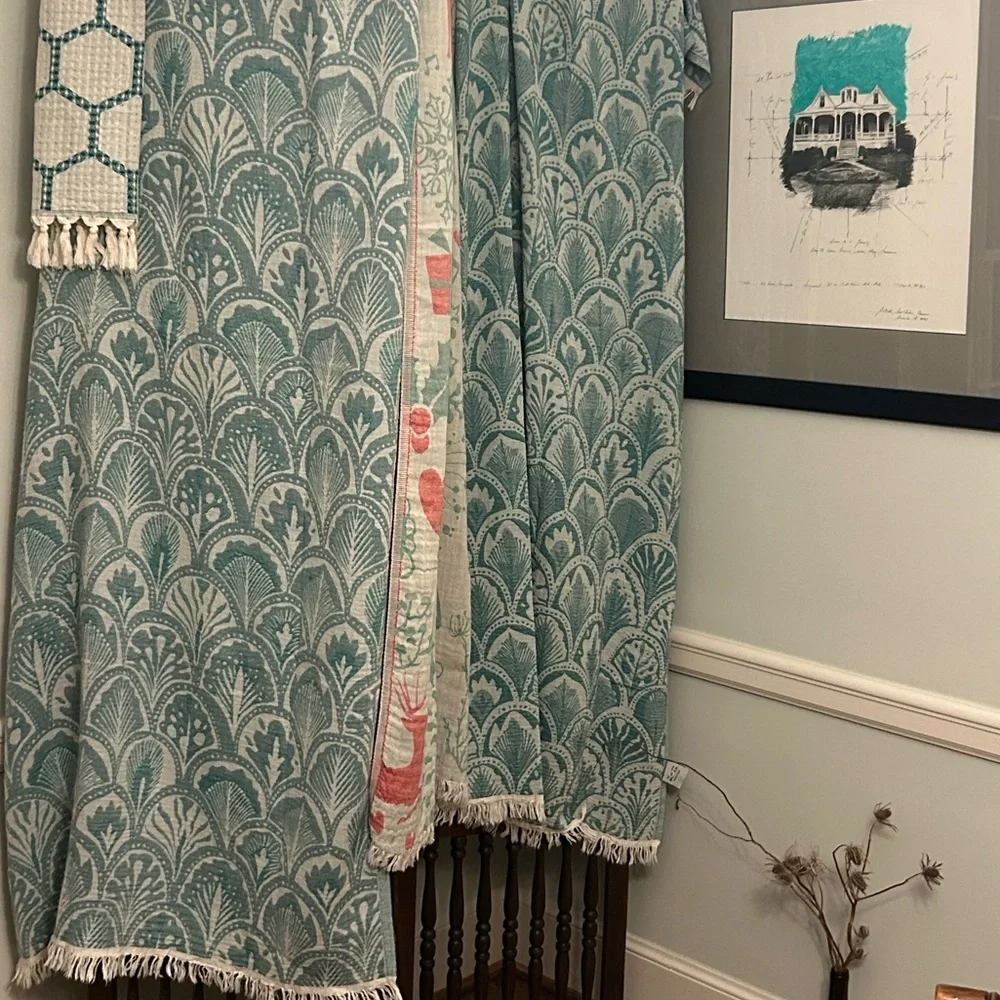 SUCCULENTS Teal Green Ecru White Loom Weave Organic Cotton 2 Side New With Tag